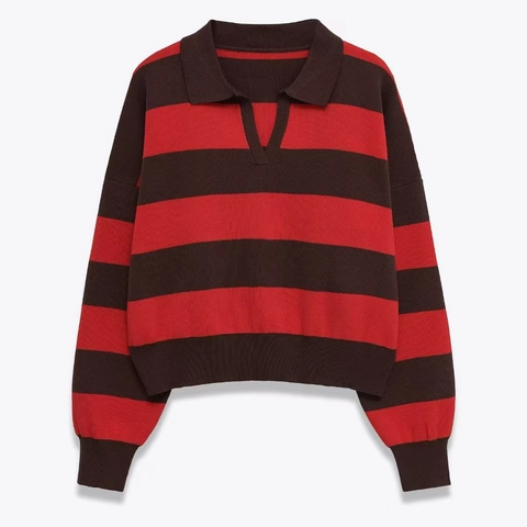 Women Vintage Striped Knit Sweater Casual Polo Collar V Neck Loose Long Sleeve Colorblock Pullover Autumn Soft Knitwear Top
