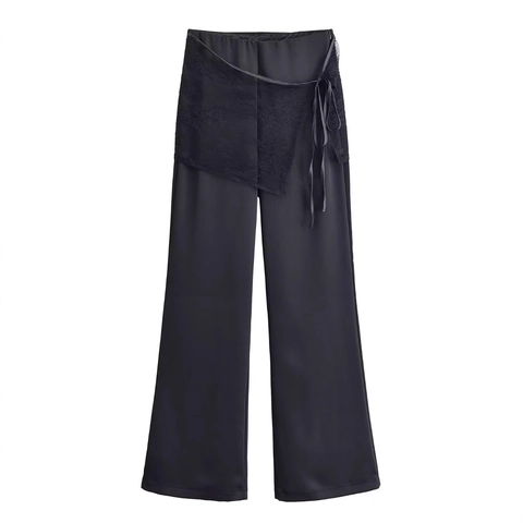 Pantaloni Larghi A Vita Alta Eleganti Da Donna Texture In Raso Nero Pizzo Avvolgente Con Fiocco Pantaloni Lunghi Moda