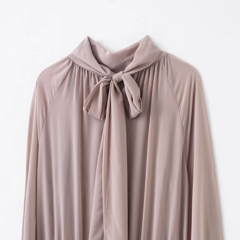 Elegant Women Bow Tie Stand Collar Lantern Sleeve Pleated Mini Dress Lotus Pink Ruffle Hem A-Line Commuter Short Dress