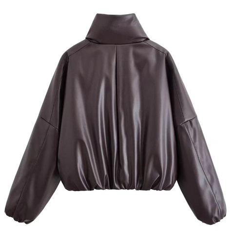 Women's Casual Imitation PU Leather Puffer Jacket Minimalist Solid Color Stand Collar Short Thick Warm Streetwear Outerwear