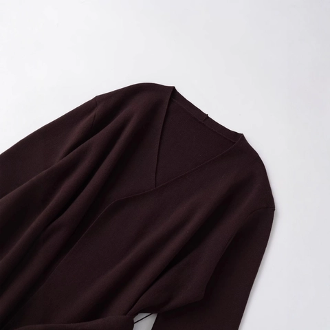 Women Casual Knitted Cardigan V Neck Bell Sleeve Waist Tie Knit Top Sweater Chocolate Coffee Autumn Elegant Fashion Outerwear