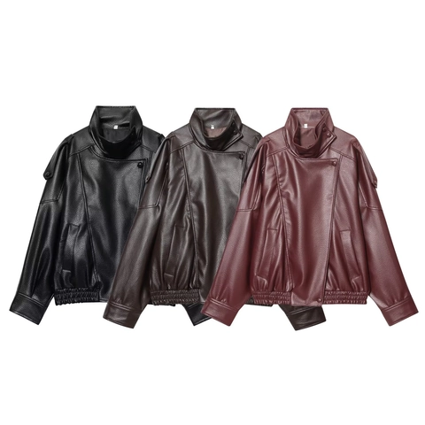 Veste en Similicuir pour Femme Oversized Vintage Style Biker Manteau en Cuir PU Col Montant Manches Longues Amples