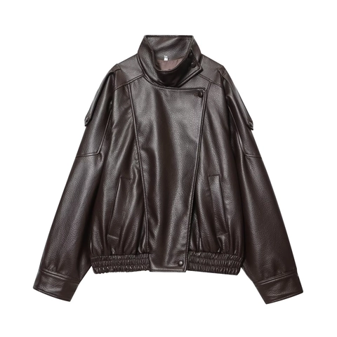 Veste en Similicuir pour Femme Oversized Vintage Style Biker Manteau en Cuir PU Col Montant Manches Longues Amples