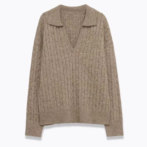 Women's Cable Knit Polo Sweater V Neck Long Sleeve Loose Pullover Khaki Knitted Top For Autumn Winter Casual Daily Wear