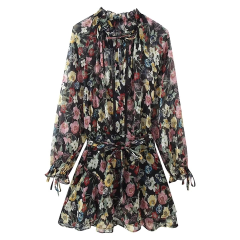 Vintage Floral Chiffon Mini Dress For Women Elegant Ruffle Collar Long Sleeve Lace Patchwork Waist Tie Bohemian Party Dress