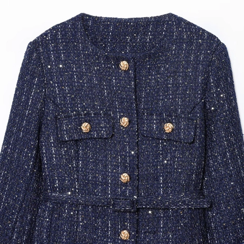 Elegante Giacca In Tweed Blu Profondo Con Paillettes Donna Girocollo Bottoni Dorati Manica Lunga Capispalla Con Cintura Ufficio
