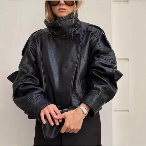 Damen Mode Kunstlederjacke Stehkragen Langarm PU Bikerjacke Casual Locker Streetwear Herbst Winter Mantel Schwarz