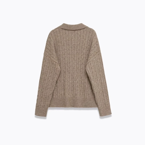 Women's Cable Knit Polo Sweater V Neck Long Sleeve Loose Pullover Khaki Knitted Top For Autumn Winter Casual Daily Wear