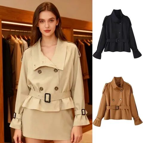 Dames Kort Double-Breasted Trenchcoat Elegant Effen Kleur Polyester Winddicht Jas Met Riem Revers Kraag Bovenkleding