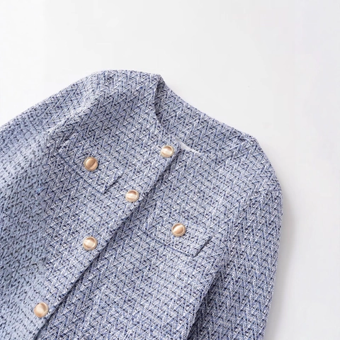 Giacca in Tweed Corta Elegante da Donna Capispalla Intrecciata Blu Bianca Con Bottoni Metallici Cappotto a Maniche Lunghe Girocollo