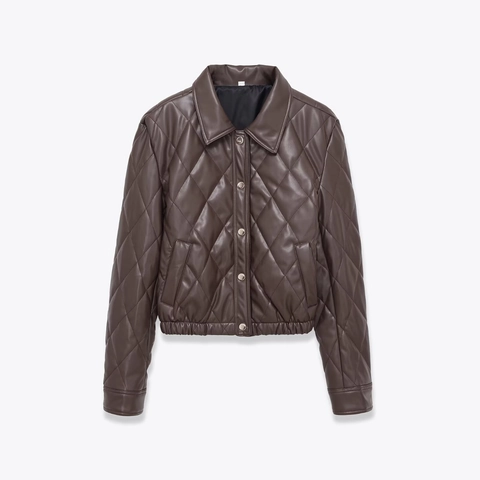 Damen Mode Dunkelbraun Gesteppte PU Lederjacke Vintage Revers Langarm Einreihig Knopfleiste Mantel Oberbekleidung