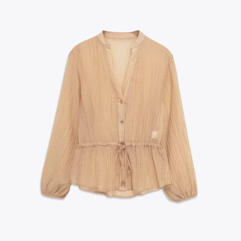 Dames Elegante Geplooide V-Hals Blouse Polyester Lange Mouwen Trekkoord Taille Shirt Effen Kleur Woon-werkverkeer Top