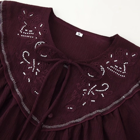 Vintage Women Beaded Embroidery Blouse Peter Pan Collar Bow Tie Long Sleeve Chiffon Shirt Elegant Wine Red Office Top