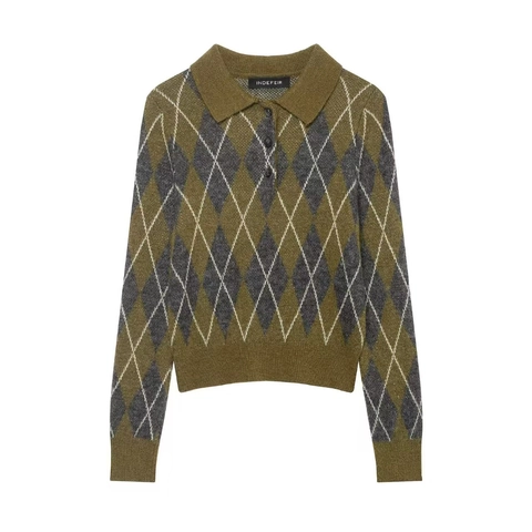 Γυναικείο Ρετρό Πλεκτό Πουλόβερ Polo Argyle Κλασικό Πέτο Μακρυμάνικο Πουλόβερ Patchwork Πλεκτά για Φθινόπωρο Casual