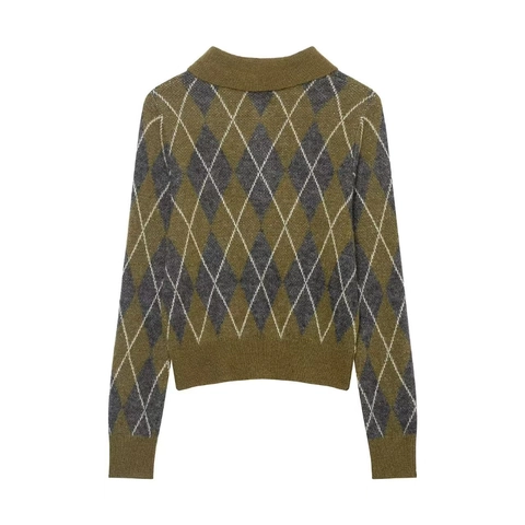 Γυναικείο Ρετρό Πλεκτό Πουλόβερ Polo Argyle Κλασικό Πέτο Μακρυμάνικο Πουλόβερ Patchwork Πλεκτά για Φθινόπωρο Casual