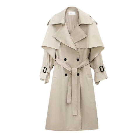 Dames Elegante Lange Trenchcoat Dubbele Knoopsluiting Met Gordel Stormflap Losjes Khaki Britse Stijl Lente Herfst Jas