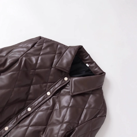Damen Mode Dunkelbraun Gesteppte PU Lederjacke Vintage Revers Langarm Einreihig Knopfleiste Mantel Oberbekleidung