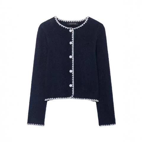 Women's Elegant Knitted Cardigan Sweater Scalloped Edge Round Neck Long Sleeve Button Down Navy Blue Soft Casual Jacket