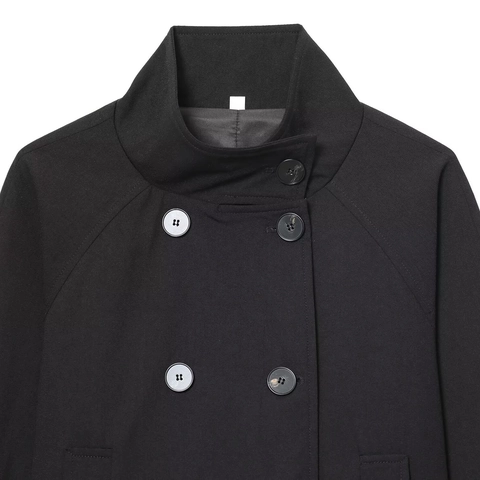 Damen Eleganter Kurzer Zweireiher Jacke Hoher Stehkragen Einfarbig Schwarz Langarm Webstoff Pendler Mantel Oberbekleidung