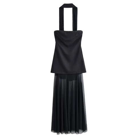 Dames Halter Rugloos Maxi Jurk Zwart Satijn Tule Splitsen Geplooid Avondfeest Jurk Elegant Sexy Mouwloos Jurk