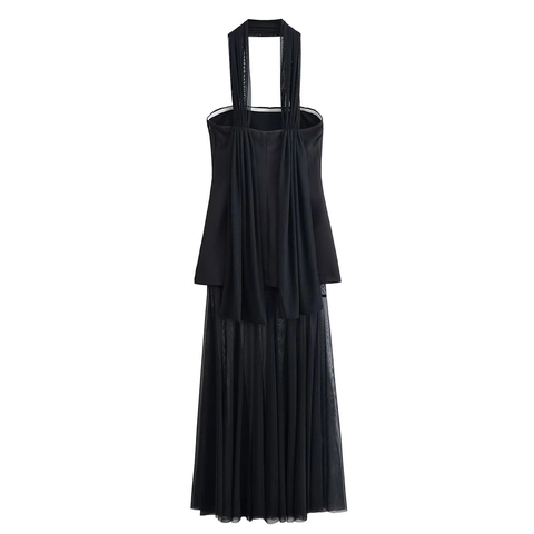 Dames Halter Rugloos Maxi Jurk Zwart Satijn Tule Splitsen Geplooid Avondfeest Jurk Elegant Sexy Mouwloos Jurk