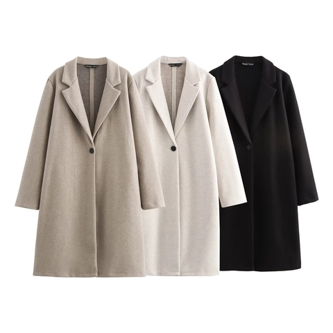 Damen Casual Einfarbig Mittellang Wollmantel Lockere Passform Reverskragen Langarm Einreihig Modischer Mantel