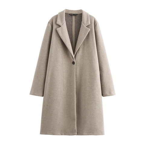 Damen Casual Einfarbig Mittellang Wollmantel Lockere Passform Reverskragen Langarm Einreihig Modischer Mantel
