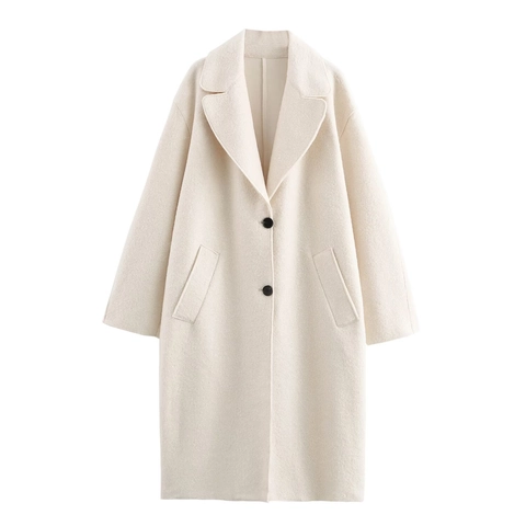 Cappotto Lungo in Misto Lana Elegante Bianco Crema da Donna con Revers a Dente Vestibilità Larga Soprabito Casual Streetwear