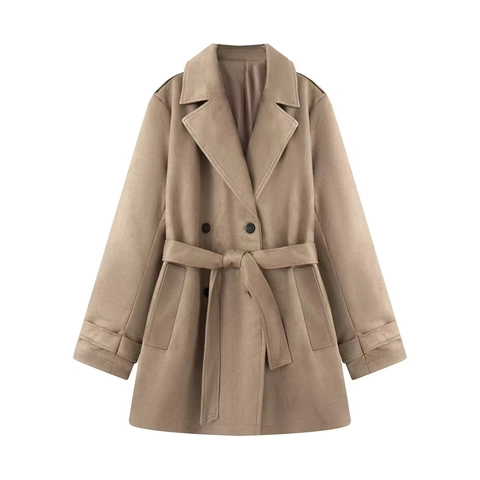 Dames Double-breasted Imitatiesuède Trenchcoat Lange Mouw Revers Met Riem Khaki Herfst Casual Pendelen Mode Bovenkleding