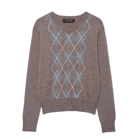 Suéter de Rombos con Cuello en V y Manga Larga para Mujer Estilo Británico Vintage Jersey de Punto con Patrón Geométrico