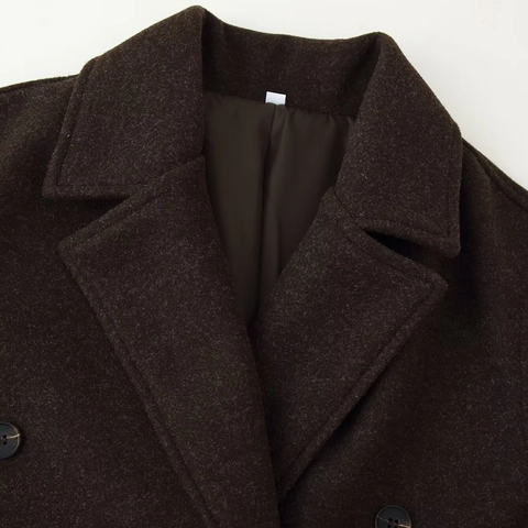 Damen Mittellanger Wollmantel Doppelreihig Reverskragen Winter Warm Übermantel Casual Street Style Kaffee Polyester Jacke