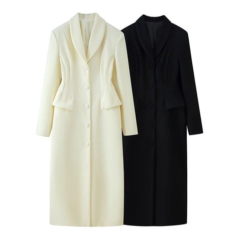 Cappotto Lungo di Lana Elegante da Donna con Collo a Scialle Capispalla Monopetto Largo con Dettaglio Volant in Vita Giacca Casual