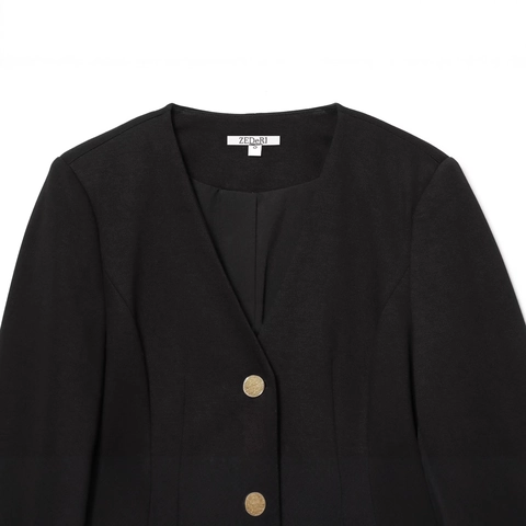 Chaqueta Blazer Informal de Mujer Ajuste Holgado Cuello Redondo Con Hombreras Botones Dorados Color Sólido Poliéster