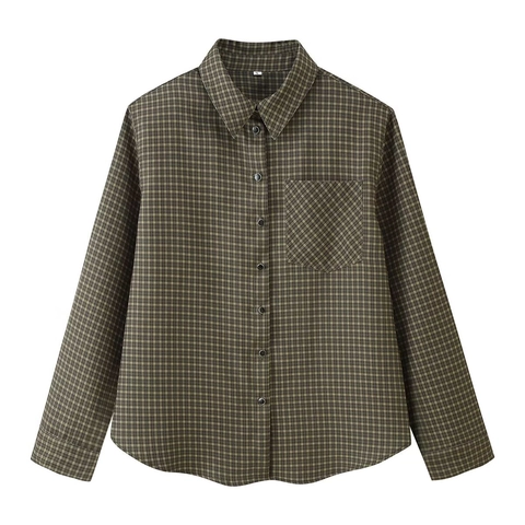 Chaqueta de Camisa a Cuadros Vintage para Mujer de Manga Larga con Hombreras Cuello Polo de Botonadura Sencilla Blusa Tops