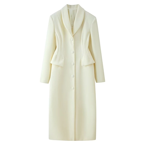 Cappotto Lungo di Lana Elegante da Donna con Collo a Scialle Capispalla Monopetto Largo con Dettaglio Volant in Vita Giacca Casual