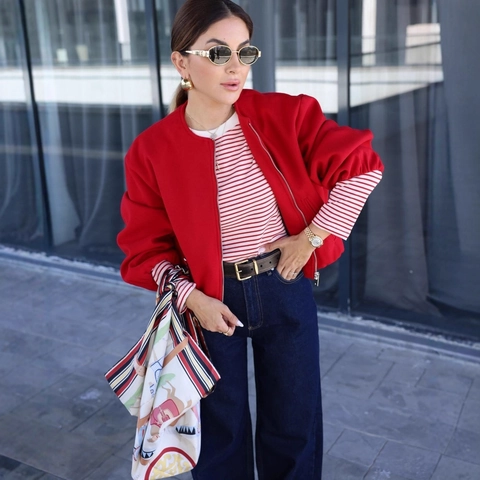Women's Round Neck Short Woolen Jacket Lantern Sleeve Zipper Coat Solid Color Elegant Outerwear For Women Spring Autumn