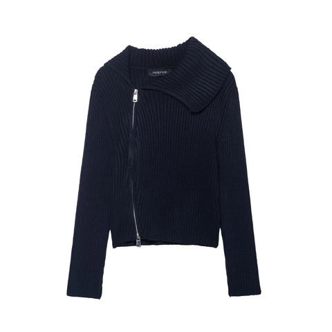 Dames Casual Ribgebreid Vest Reverskraag Lange Mouwen Asymmetrische Rits Gebreide Trui Jas Voor Herfst Winter