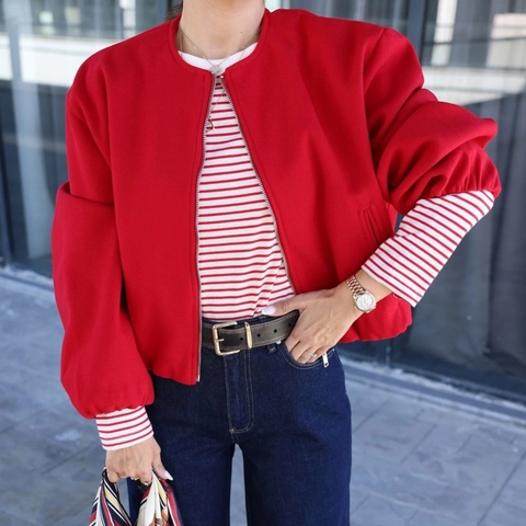 Women's Round Neck Short Woolen Jacket Lantern Sleeve Zipper Coat Solid Color Elegant Outerwear For Women Spring Autumn