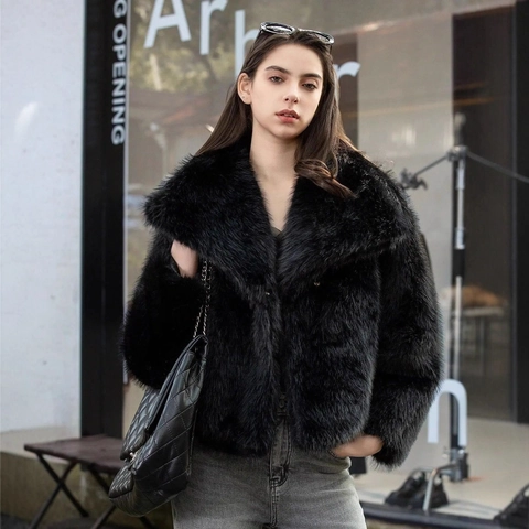 Abrigo de Piel Sintética para Mujer Invierno Cálido Corto Elegante Solapa Manga Larga Chaqueta Degradado Moda Callejera