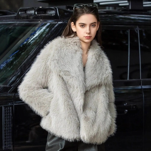 Abrigo de Piel Sintética para Mujer Invierno Cálido Corto Elegante Solapa Manga Larga Chaqueta Degradado Moda Callejera