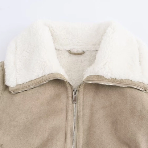 Chaqueta de Aviador de Gamuza Sintética para Mujer con Borreguito Solapa Cremallera Bomber Corta Cálida de Invierno