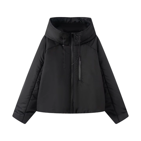 Dames Casual Mat Zwart Gewatteerde Katoenen Jas Losse Pasvorm Winddicht Techwear Bovenkleding Met Trekkoord En Waterdichte Rits