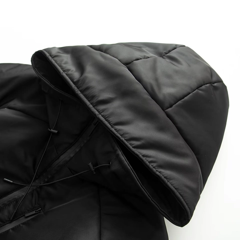 Dames Casual Mat Zwart Gewatteerde Katoenen Jas Losse Pasvorm Winddicht Techwear Bovenkleding Met Trekkoord En Waterdichte Rits