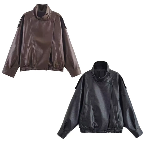 Damen Vintage Kunstleder Moto Jacke Stehkragen Reißverschluss Locker Herbst Winter Biker Oberbekleidung Litschitextur Mantel