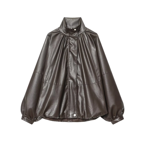 Women's Oversized Faux Leather Jacket Pleated Lantern Sleeve Stand Collar Brown PU Casual Outerwear Streetwear Coat