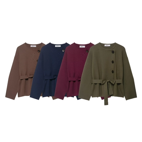 Women Casual Knitted Cardigan Sweater Coat Short Round Neck Single Breasted Jacket With Belt Soft Solid Color Loose Top