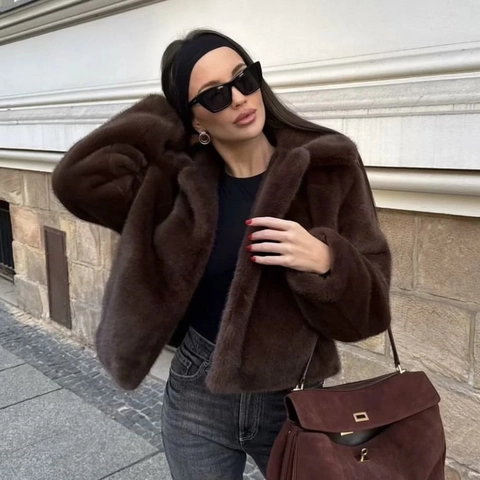 Women Winter Warm Faux Fur Short Jacket Elegant Lapel Long Sleeve Polyester Plush Outwear Thick Casual Coat