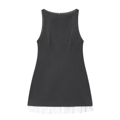 Women Elegant Sleeveless A-Line Mini Dress With Patchwork Ruffle Hem Back Zipper Round Neck Grey Fashion Dress For Office