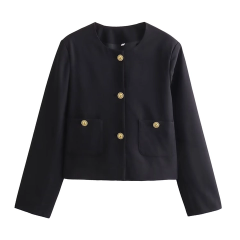 Damen Elegant Rundhals Kurze Jacke Mit Goldenen Knöpfen Schwarz Büro Pendeln Einfarbig Langarm Herbst Winter Oberbekleidung
