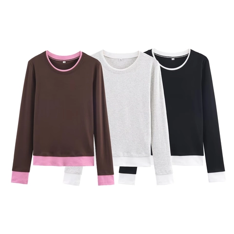 Women's Layered Look Ribbed T-Shirt Patchwork Color Block Round Neck Long Sleeve Slim Fit Casual Base Layer Top Clothing